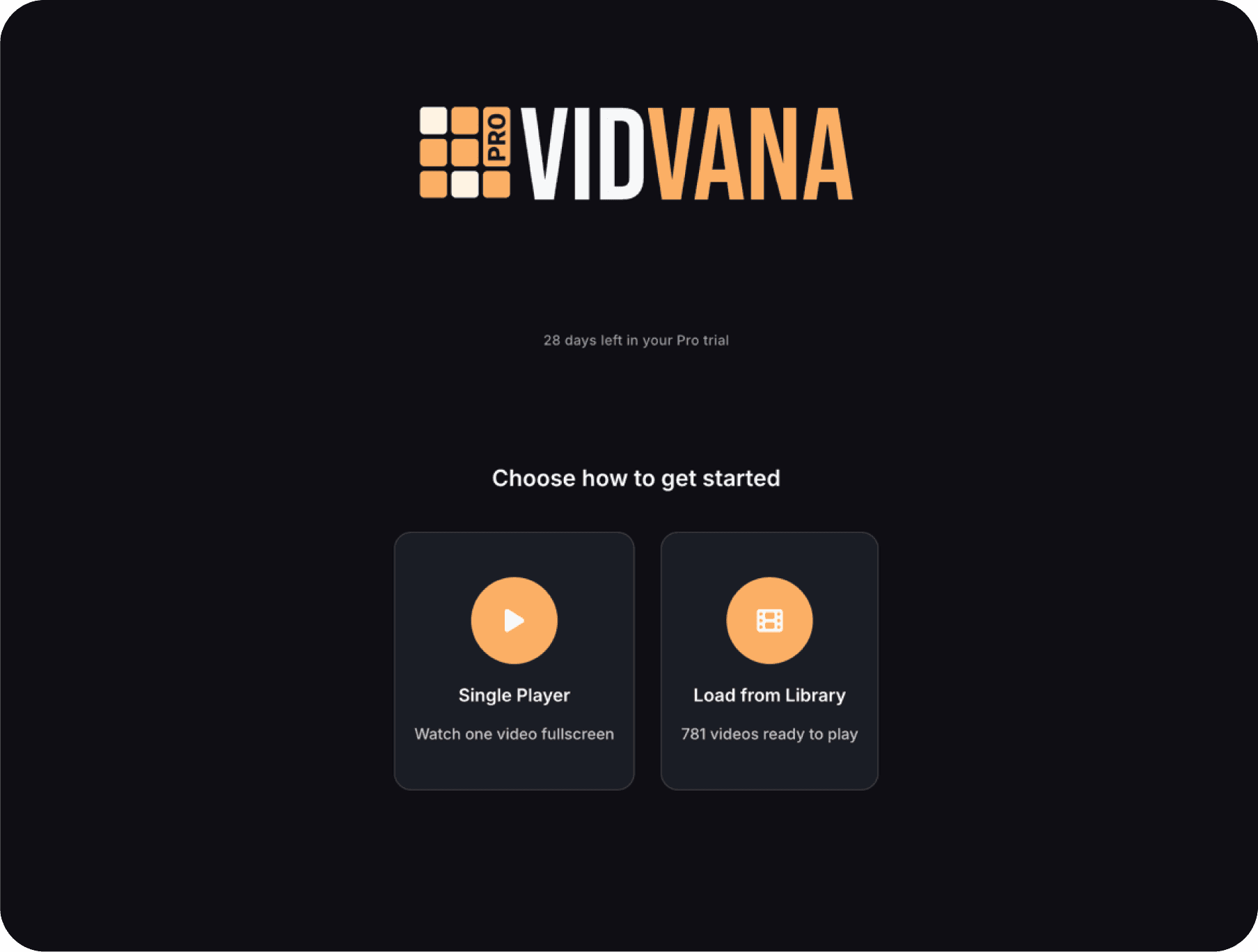 VidVana video player home screen with single player and library options