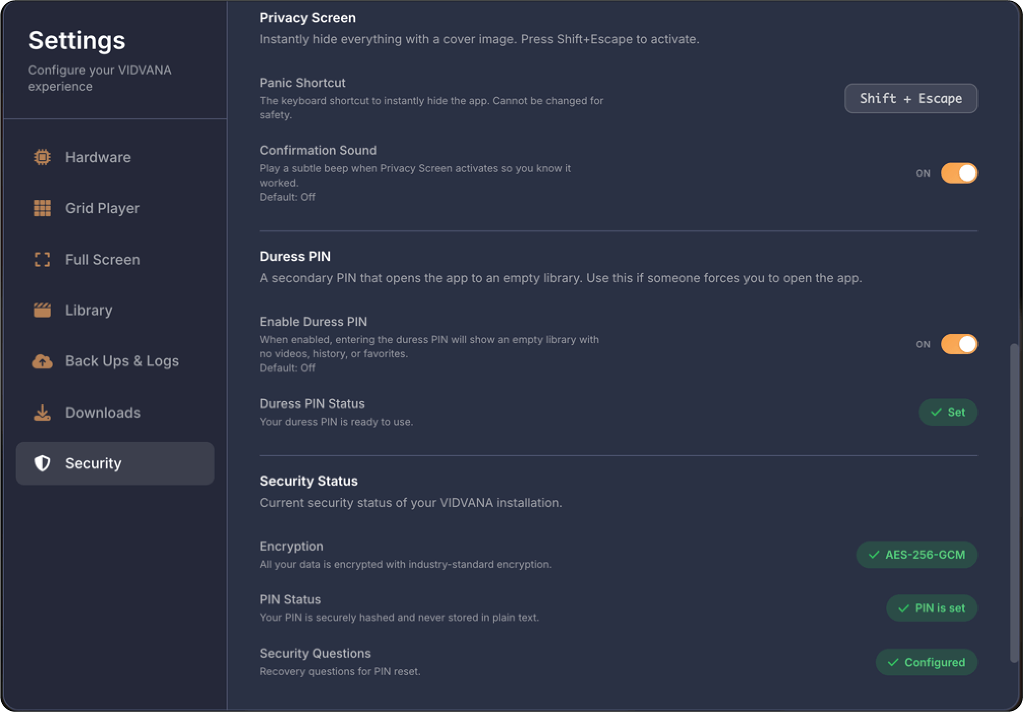 VidVana encrypted video player privacy and security settings with PIN protection